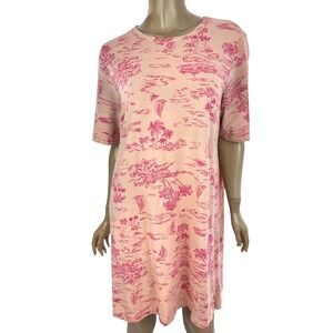 Lands' End Sz M Shift Dress Peach w Red Palm Trees Short Sleeve Cotton & Spandex
